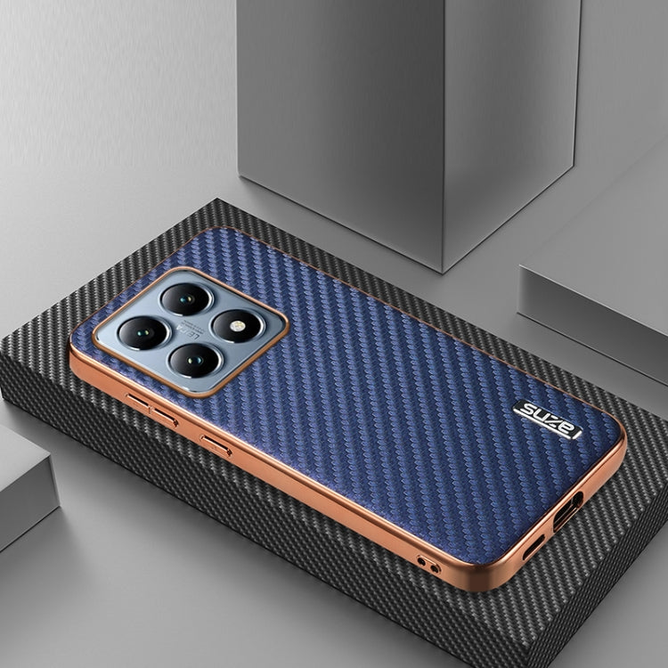 For Xiaomi 14T AZNS Electroplated Edge Carbon Fiber Texture Phone Case(Blue)