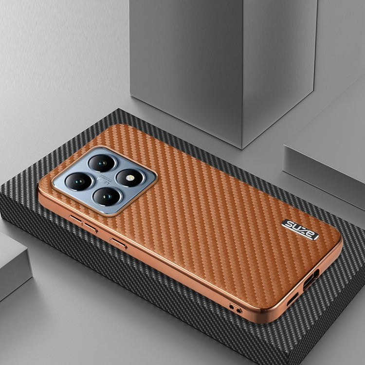 For Xiaomi 14T Pro AZNS Electroplated Edge Carbon Fiber Texture Phone Case(Brown)