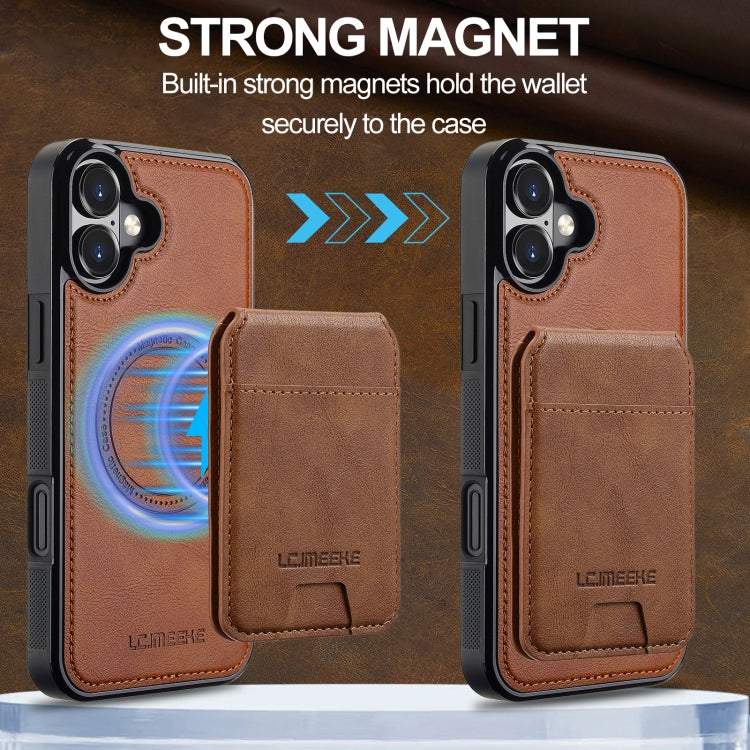 For iPhone 16 LC.IMEEKE L3 Series Detachable RFID Card Bag Magsafe Phone Case(Brown)