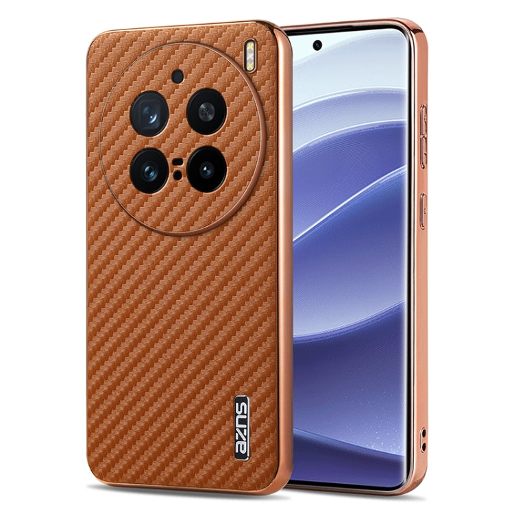 For vivo X200 Pro AZNS Electroplated Edge Carbon Fiber Texture Phone Case(Brown)