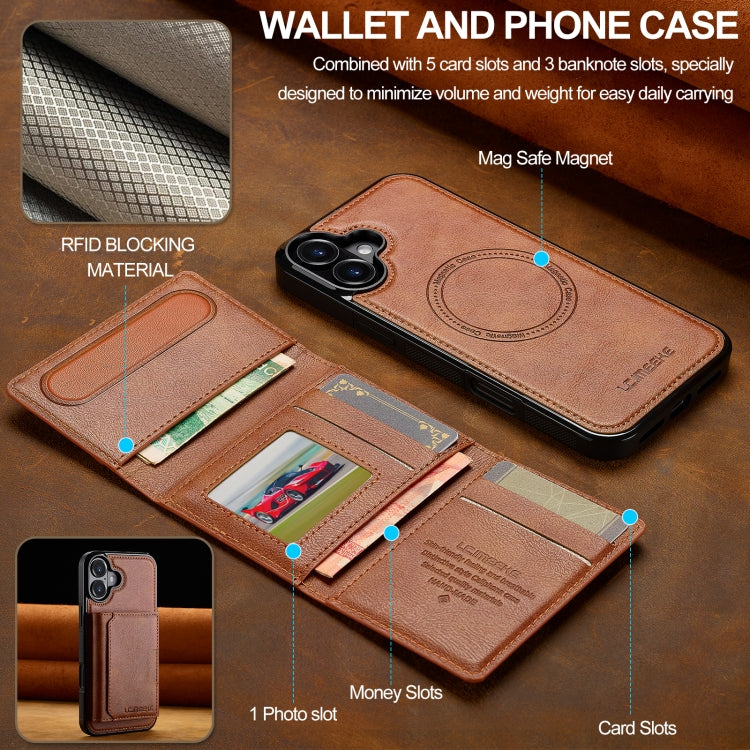 For iPhone 16 LC.IMEEKE L5 Series Detachable RFID Card Bag Magsafe Phone Case(Brown)