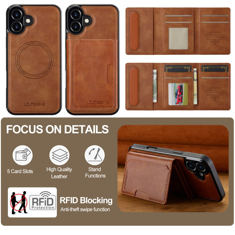 For iPhone 16 LC.IMEEKE L5 Series Detachable RFID Card Bag Magsafe Phone Case(Brown)