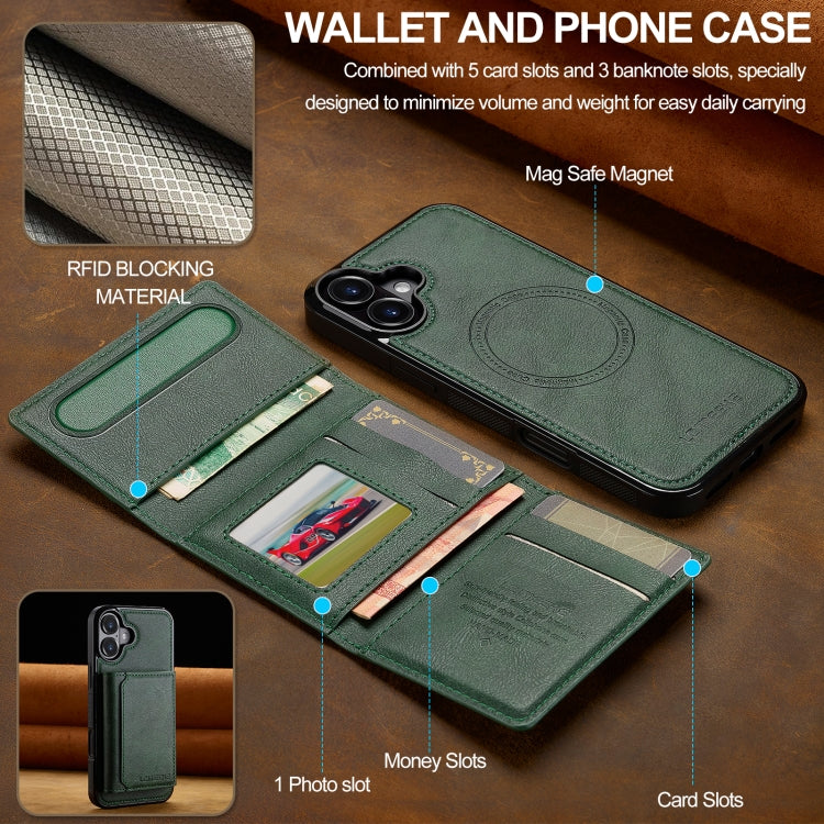 For iPhone 16 LC.IMEEKE L5 Series Detachable RFID Card Bag Magsafe Phone Case(Green)