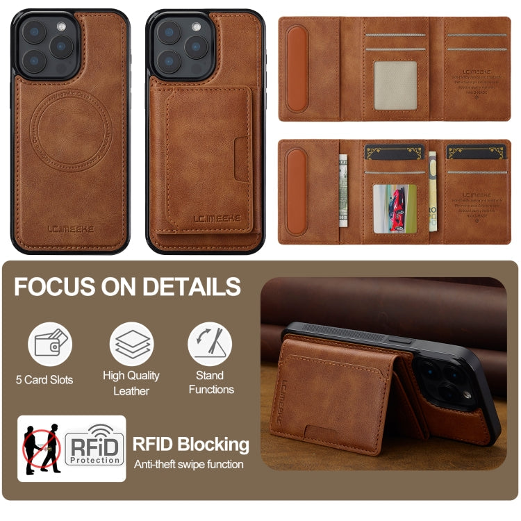 For iPhone 14 Pro Max LC.IMEEKE L5 Series Detachable RFID Card Bag Magsafe Phone Case(Brown)