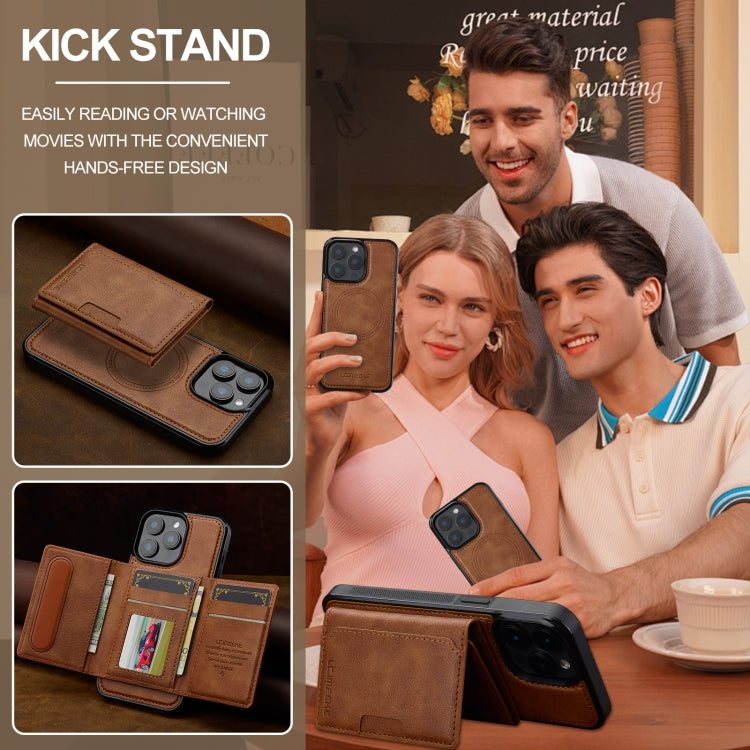 For iPhone 14 Pro Max LC.IMEEKE L5 Series Detachable RFID Card Bag Magsafe Phone Case(Brown)
