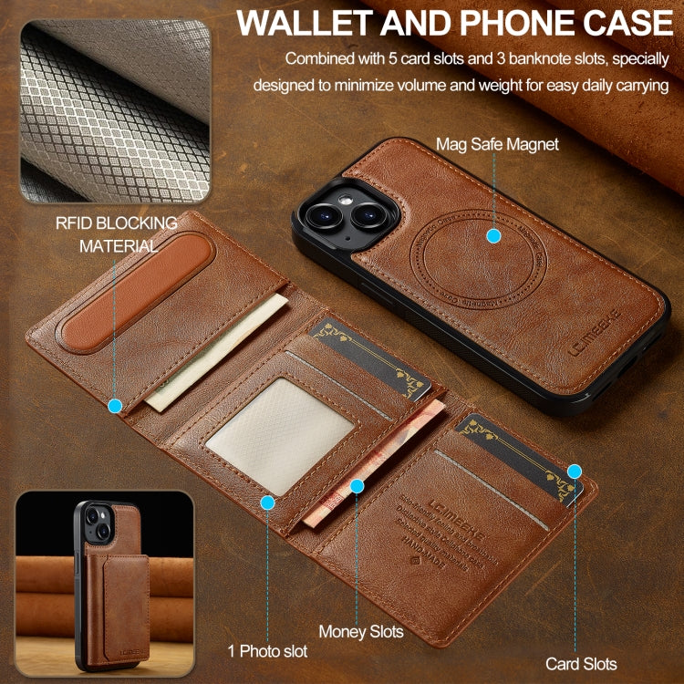 For iPhone 14 / 13 LC.IMEEKE L5 Series Detachable RFID Card Bag Magsafe Phone Case(Brown)