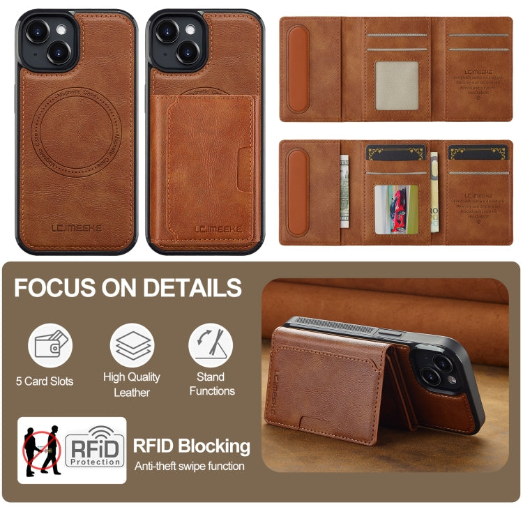For iPhone 14 / 13 LC.IMEEKE L5 Series Detachable RFID Card Bag Magsafe Phone Case(Brown)