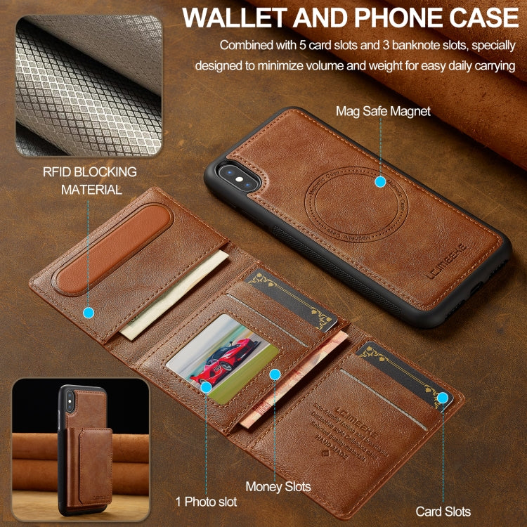For iPhone XS Max LC.IMEEKE L5 Series Detachable RFID Card Bag Magsafe Phone Case(Brown)
