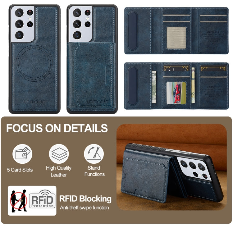 For Samsung Galaxy S21 Ultra 5G LC.IMEEKE L5 Series Detachable RFID Card Bag Magsafe Phone Case(Blue)