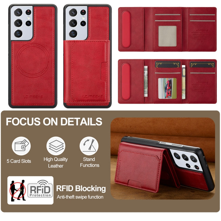 For Samsung Galaxy S21 Ultra 5G LC.IMEEKE L5 Series Detachable RFID Card Bag Magsafe Phone Case(Red)