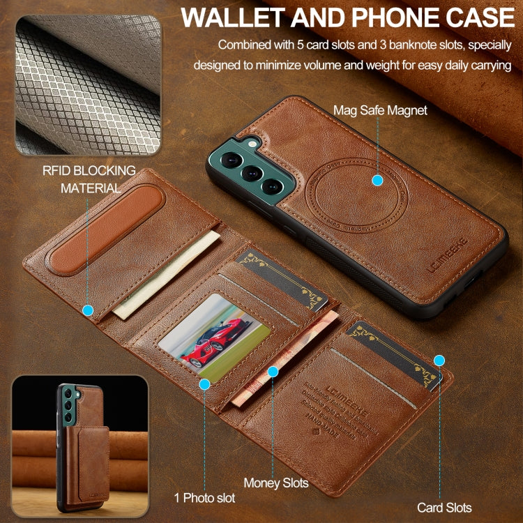 For Samsung Galaxy S21 FE 5G LC.IMEEKE L5 Series Detachable RFID Card Bag Magsafe Phone Case(Brown)