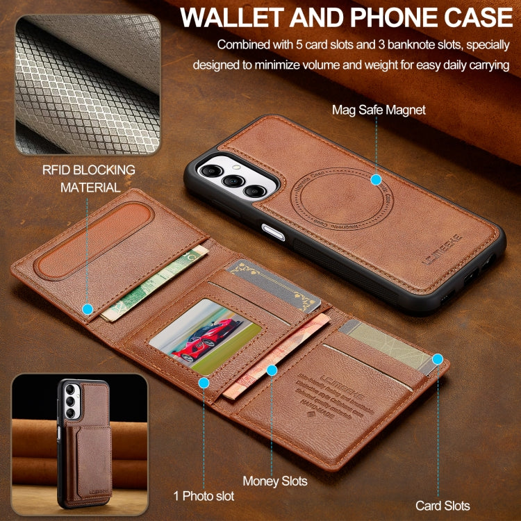For Samsung Galaxy A14 5G / 4G LC.IMEEKE L5 Series Detachable RFID Card Bag Magsafe Phone Case(Brown)