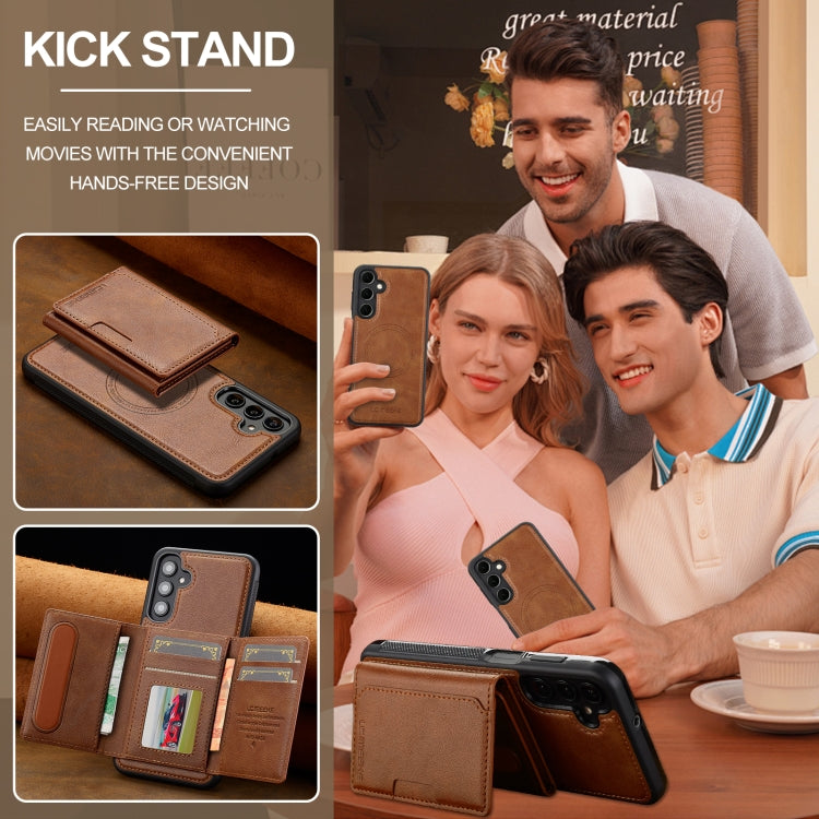 For Samsung Galaxy A35 5G LC.IMEEKE L5 Series Detachable RFID Card Bag Magsafe Phone Case(Brown)