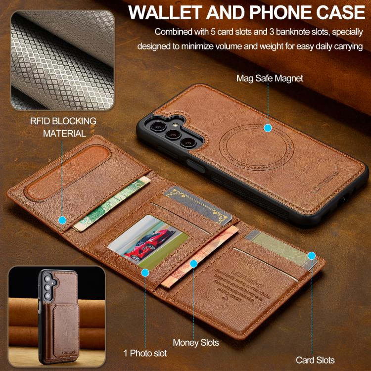 For Samsung Galaxy A56 5G LC.IMEEKE L5 Series Detachable RFID Card Bag Magsafe Phone Case(Brown)