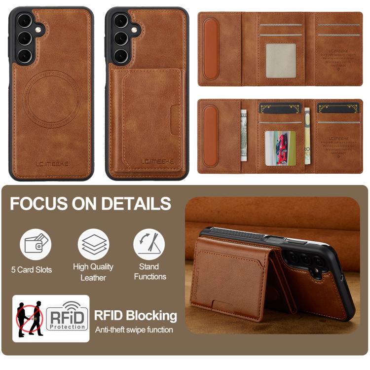 For Samsung Galaxy A56 5G LC.IMEEKE L5 Series Detachable RFID Card Bag Magsafe Phone Case(Brown)