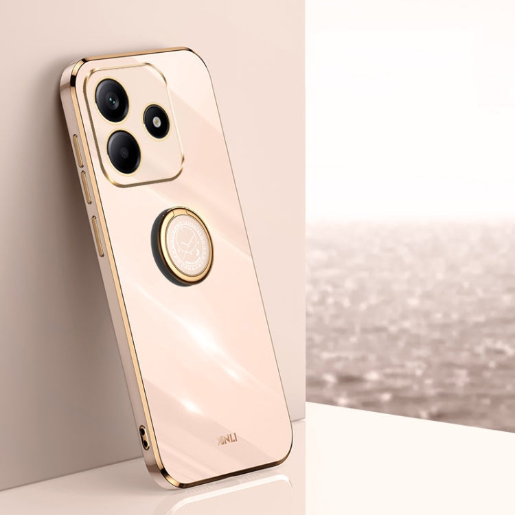 For Redmi Note 14 5G XINLI Straight 6D Plating Gold Edge TPU Shockproof Case with Ring Holder(Pink)