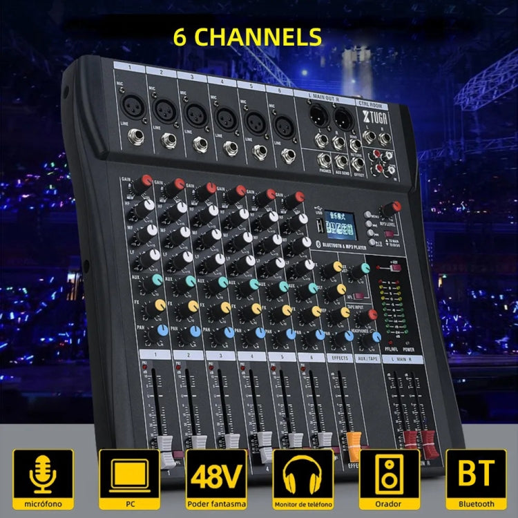 XTUGA CT60X 6-Channels Audio Mixer DJ Mixing Console with 48V Power Supply(UK Plug)