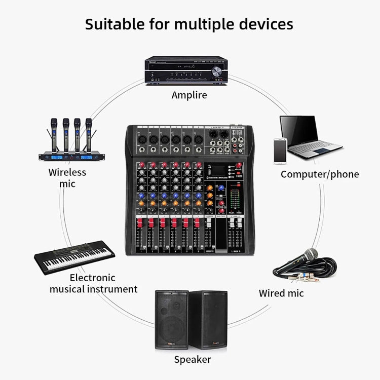 XTUGA CT60X 6-Channels Audio Mixer DJ Mixing Console with 48V Power Supply(UK Plug)