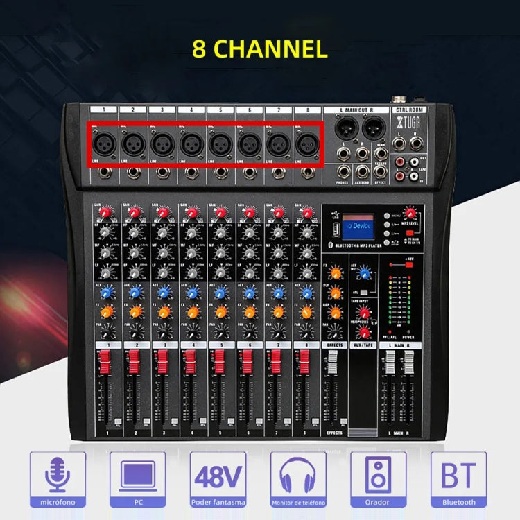 XTUGA CT80X 8-Channels Audio Mixer DJ Mixing Console with 48V Power Supply(US Plug)