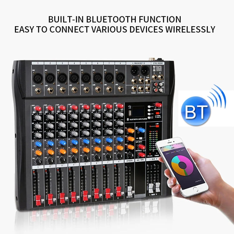 XTUGA CT80X 8-Channels Audio Mixer DJ Mixing Console with 48V Power Supply(UK Plug)