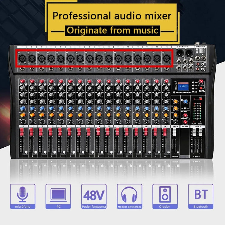 XTUGA CT160X 16-Channels Audio Mixer DJ Mixing Console with 48V Power Supply(UK Plug)