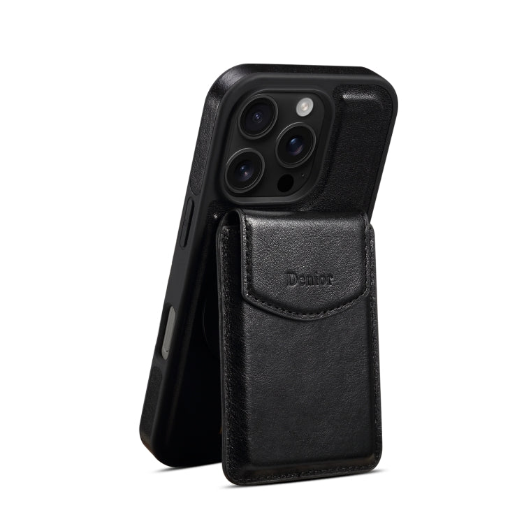 For iPhone 16 Pro Denior D22 Genuine Leather MagSafe Holder Detachable Card Slot Phone Case(Black)