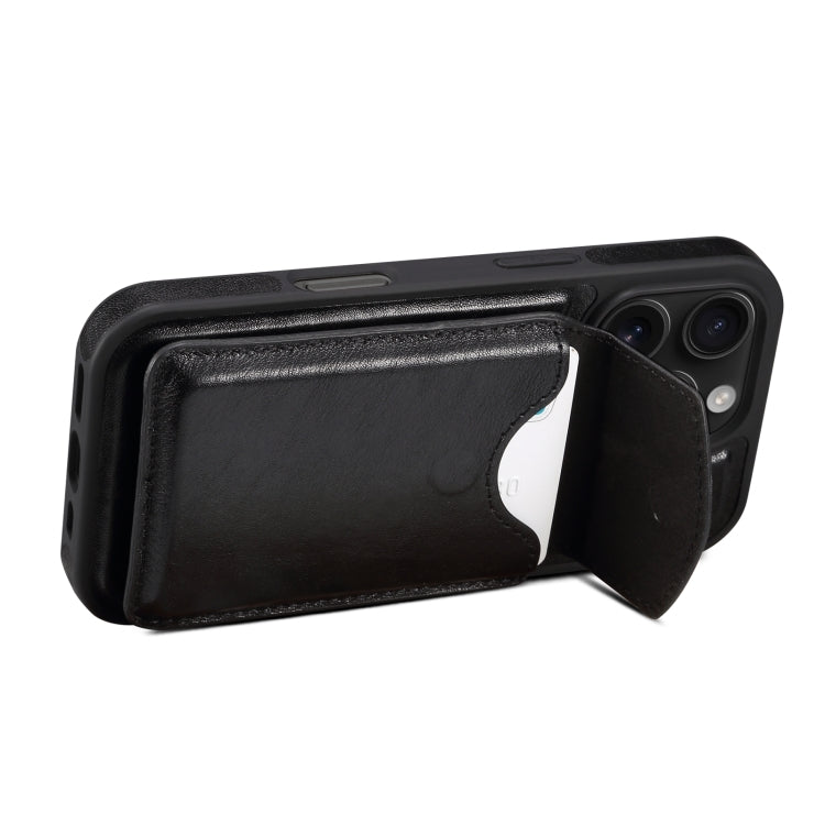 For iPhone 16 Pro Denior D22 Genuine Leather MagSafe Holder Detachable Card Slot Phone Case(Black)