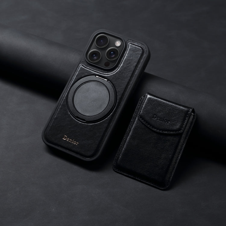 For iPhone 16 Pro Denior D22 Genuine Leather MagSafe Holder Detachable Card Slot Phone Case(Black)
