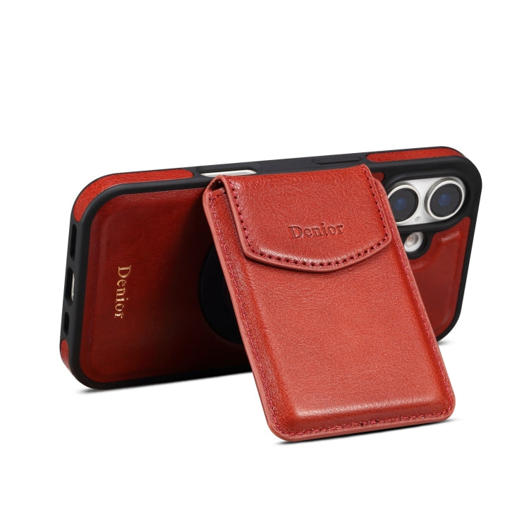 For iPhone 16 Denior D22 Genuine Leather MagSafe Holder Detachable Card Slot Phone Case(Brown)