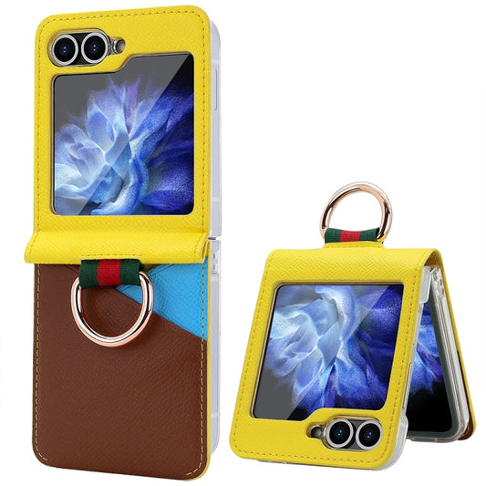 For Samsung Galaxy Z Flip6 / Flip7 FE VIETAO Metal Ring Card Slot PU Phone Case(Yellow Brown)