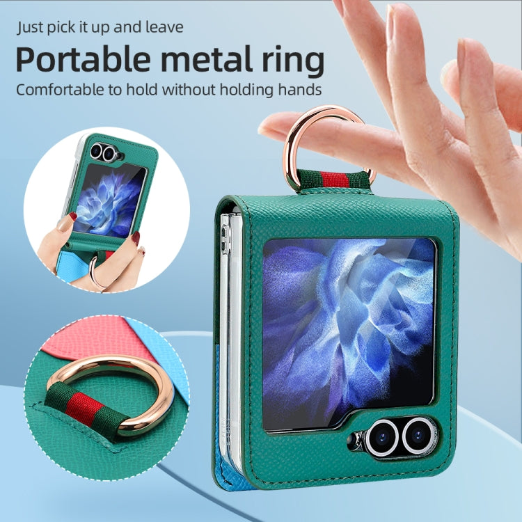 For Samsung Galaxy Z Flip5 VIETAO Metal Ring Card Slot PU Phone Case(Green Blue)