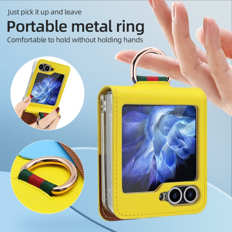 For Samsung Galaxy Z Flip5 VIETAO Metal Ring Card Slot PU Phone Case(Yellow Brown)
