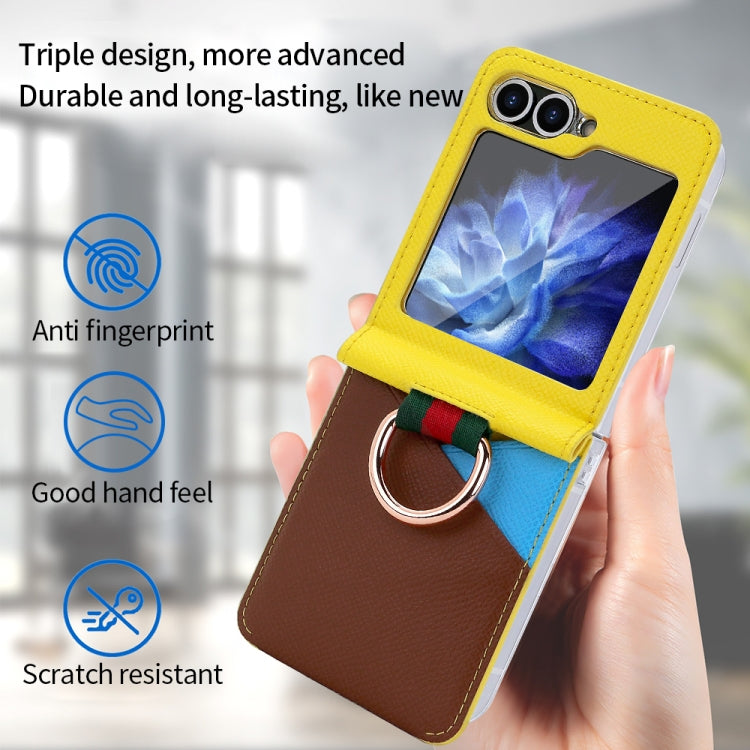 For Samsung Galaxy Z Flip5 VIETAO Metal Ring Card Slot PU Phone Case(Yellow Brown)