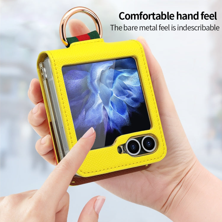 For Samsung Galaxy Z Flip5 VIETAO Metal Ring Card Slot PU Phone Case(Yellow Brown)