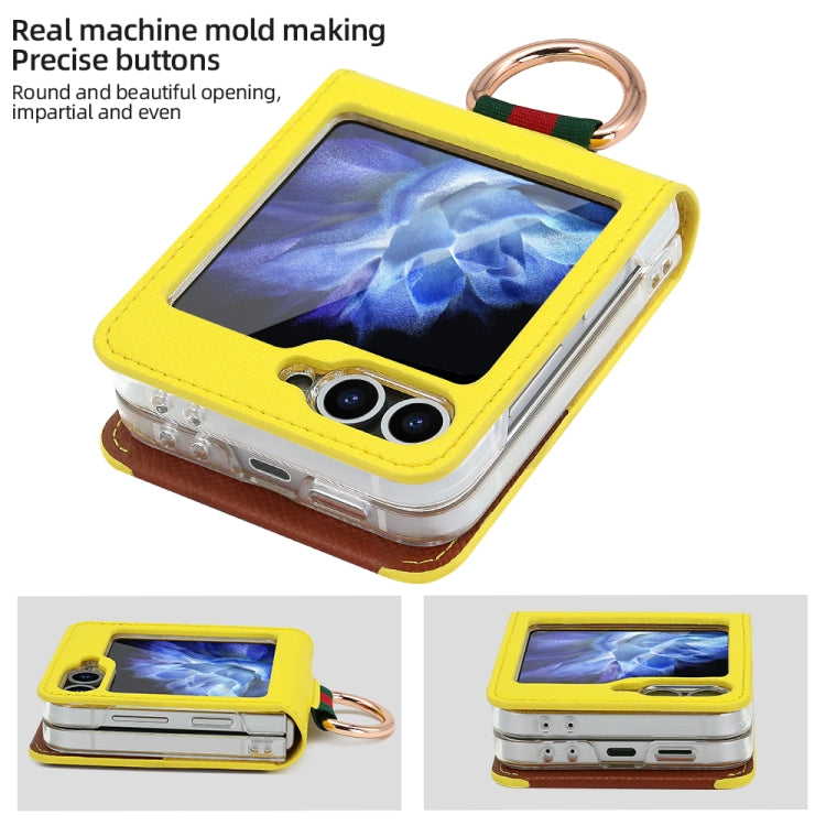 For Samsung Galaxy Z Flip5 VIETAO Metal Ring Card Slot PU Phone Case(Yellow Brown)