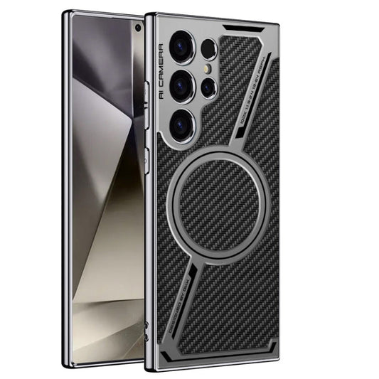 For Samsung Galaxy S23 Ultra 5G GKK Integrated Electroplating Leather Z-Shape MagSafe Phone Case(Carbon Fiber)