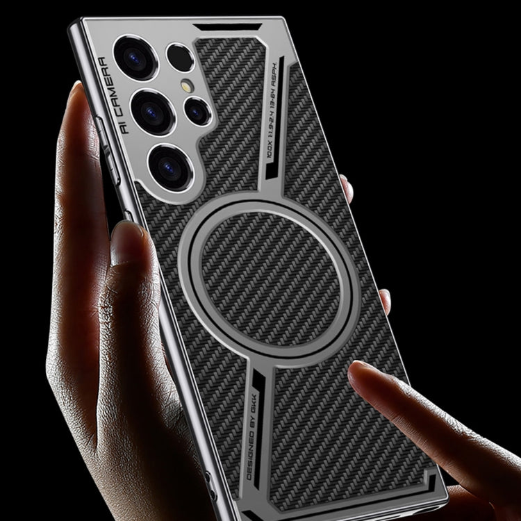 For Samsung Galaxy S24 Ultra 5G GKK Integrated Electroplating Leather Z-Shape MagSafe Phone Case(Carbon Fiber)