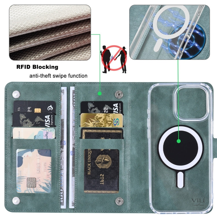 For iPhone 14 Plus ViLi GVS-C Series MagSafe Magnetic RFID Leather Flip Phone Case(Green)