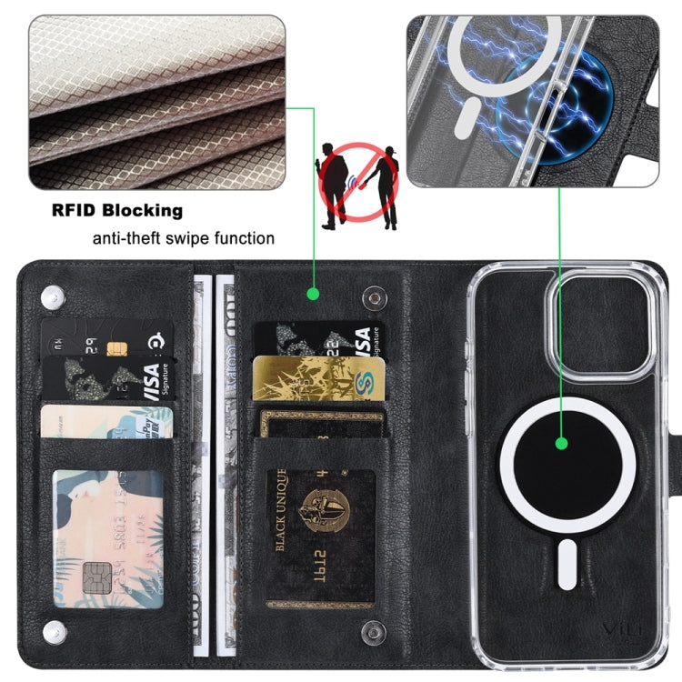 For iPhone 13 ViLi GVS-C Series MagSafe Magnetic RFID Leather Flip Phone Case(Black)