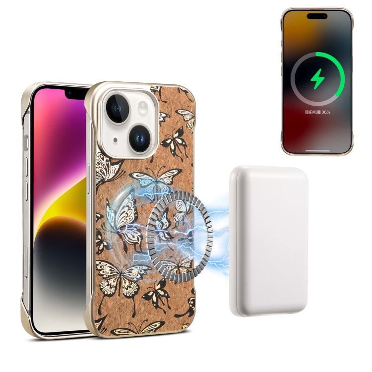 For iPhone 15 Plus / 14 Plus Denior A18 WoodenPaint MagSafe Phone Case(Butterflies)