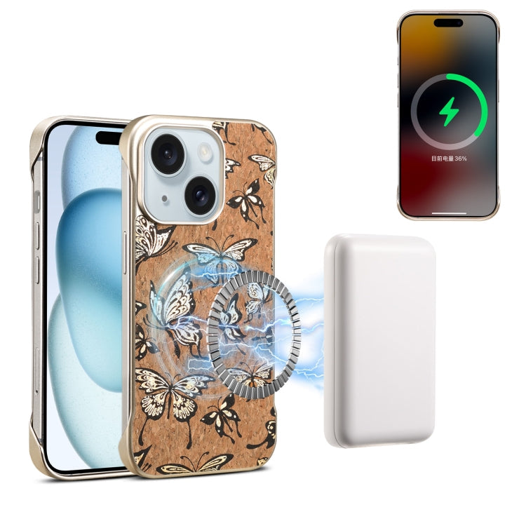 For iPhone 15 Denior A18 WoodenPaint MagSafe Phone Case(Butterflies)