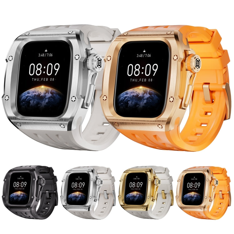 For Apple Watch Series 11 / 10 46mm RedPepper Armor Metal Case Integrated Silicone Watch Band(Gold White)