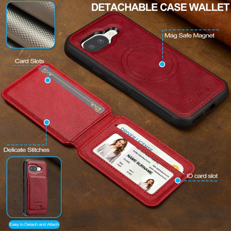 For Google Pixel 9a LC.IMEEKE L3 Series Detachable RFID Card Bag Magsafe Phone Case(Red)