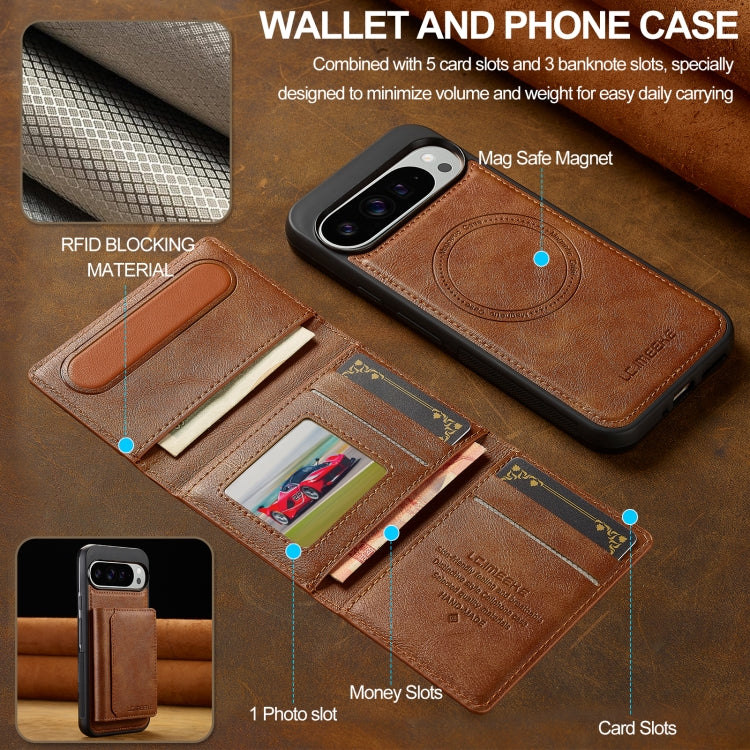 For Google Pixel 9 / 9 Pro LC.IMEEKE L5 Series Detachable RFID Card Bag Magsafe Phone Case(Brown)