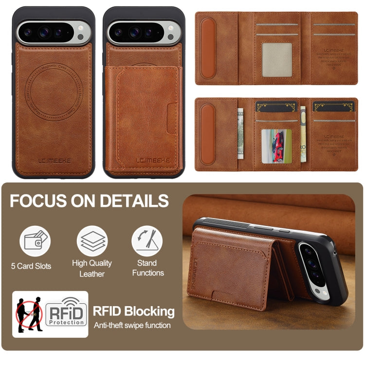 For Google Pixel 9 / 9 Pro LC.IMEEKE L5 Series Detachable RFID Card Bag Magsafe Phone Case(Brown)