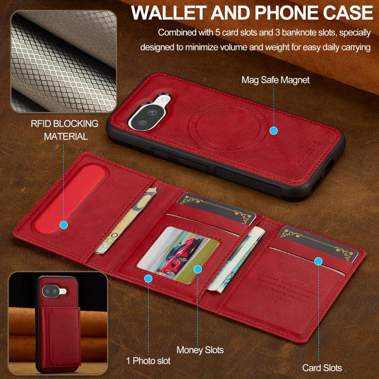 For Google Pixel 9a LC.IMEEKE L5 Series Detachable RFID Card Bag Magsafe Phone Case(Red)