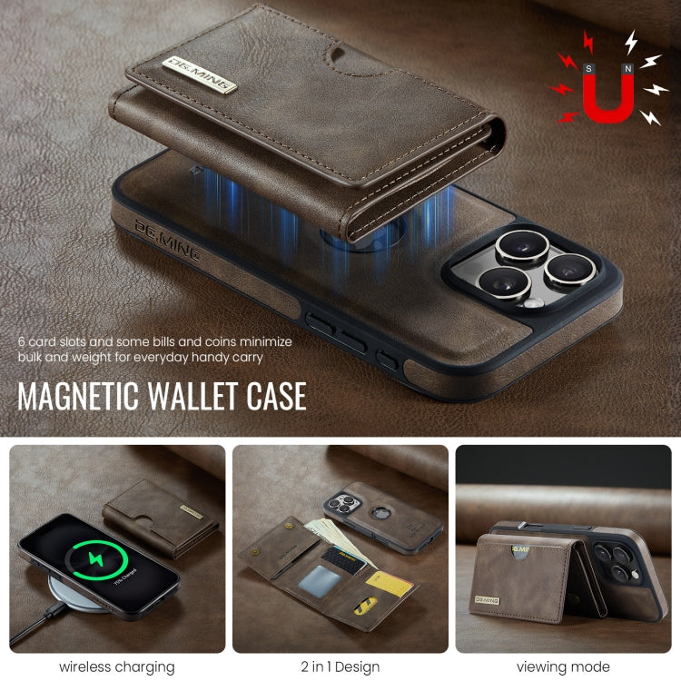 For iPhone 16 Pro Max DG.MING M6 Series RFID Tri-fold Card Bag Removable Leather Phone Case(Coffee)