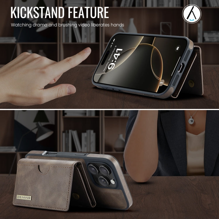 For iPhone 16 Pro Max DG.MING M6 Series RFID Tri-fold Card Bag Removable Leather Phone Case(Coffee)