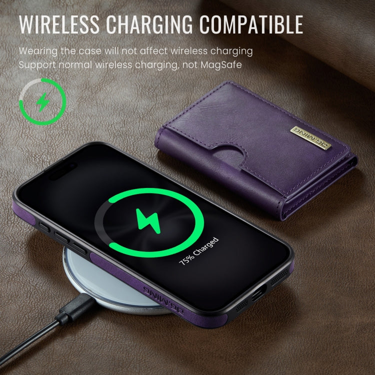 For iPhone 16 Pro Max DG.MING M6 Series RFID Tri-fold Card Bag Removable Leather Phone Case(Purple)