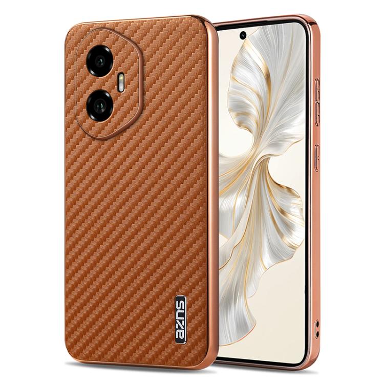 For Honor 300 AZNS Electroplated Edge Carbon Fiber Texture Phone Case(Brown)
